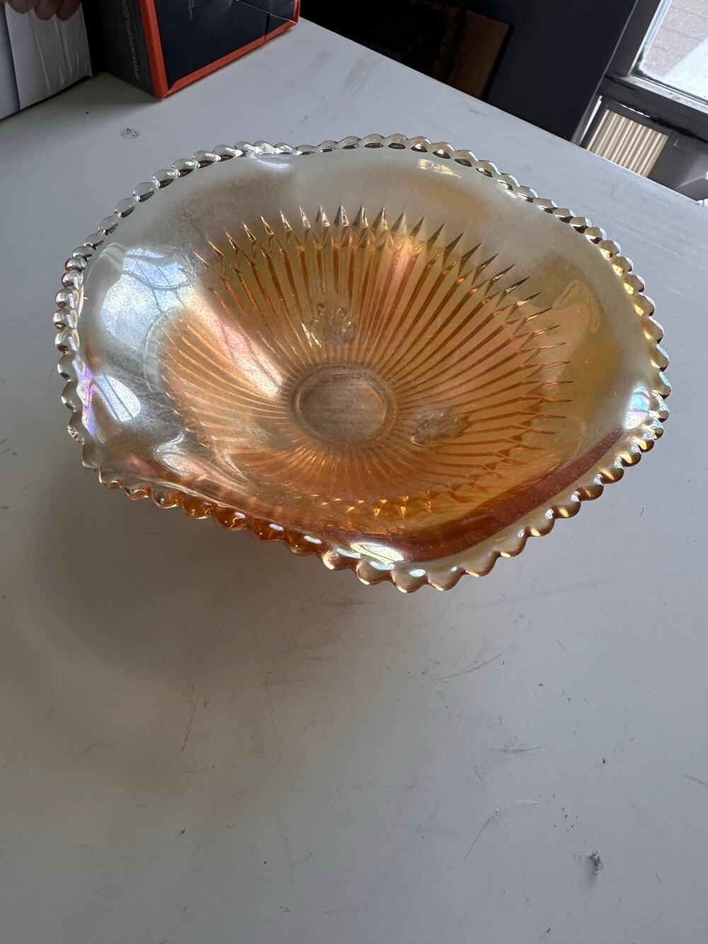 Footed Orange Glass Candy bowl Vintage